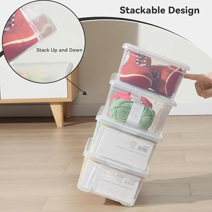 novelinks 8 Pack 6QT Plastic Storage Bins with Lids, Shoe Boxes (Clear) | Clear Shoe Storage Boxes, Shoe Boxes Clear Plastic Stackable, Shoe Bins, Shoe Containers, Craft Organizers and Storage