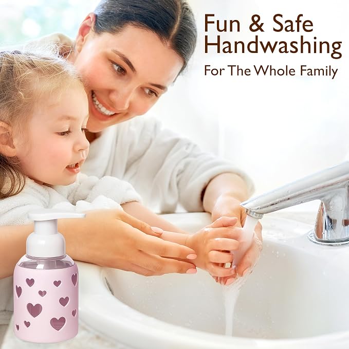 SoCal Suds & Company Foaming Hand Soap Dispenser Glass, Liquid Soap Pump with Heart Silicone Sleeve, Refillable Bottle for Kids, Baby Wash & Shampoo, Ideal for Bathroom & Kitchen Use, Soft Pink, 8oz