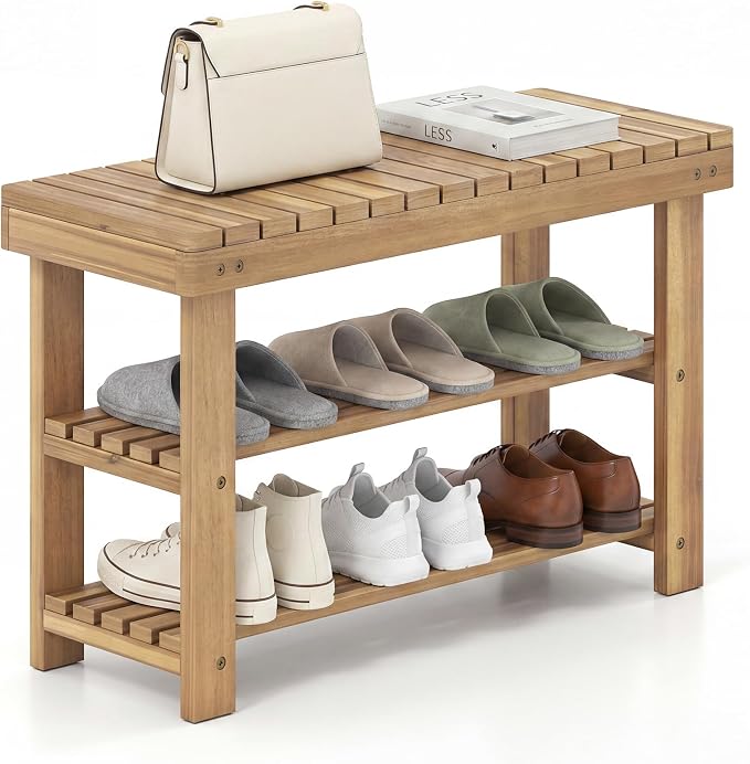 GOFLAME Wooden Shoe Rack Bench, 3-Tier Free Standing Entryway Bench Seat with Slatted Shelves, Shoe Storage Organizer for Entryway, Hallway, Bedroom, Living Room, Small Space, 28"x11"x18"