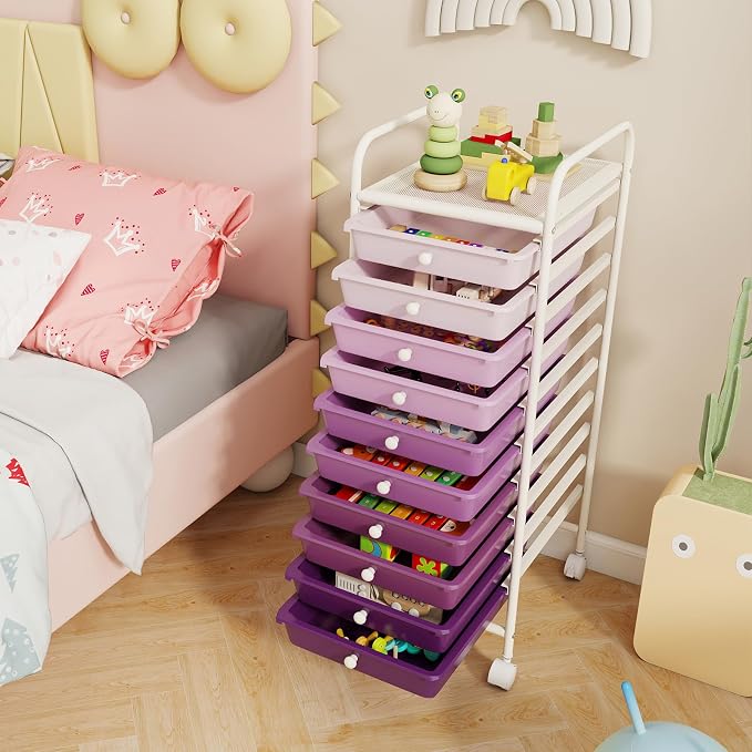 COSTWAY 10-Drawer Rolling Storage Cart, Utility Mobile Trolley | Removable Drawers & Universal Casters & 2 Brakes, Versatile Flexible Drawer Organizer Cart for Home, Office (Purple Gradient)