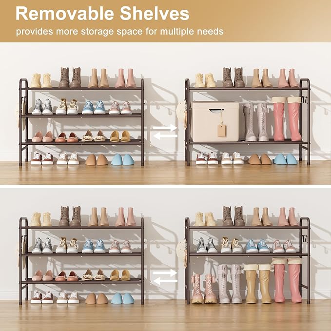 VILICK 3 Tier Shoe Rack 33" Wide Metal Shoe Organizer Long Shoe Storage with 4 Side Hooks Sturdy Shoes Shelf for Front Door Entrance, Closet, Garage, Dorm, Brown