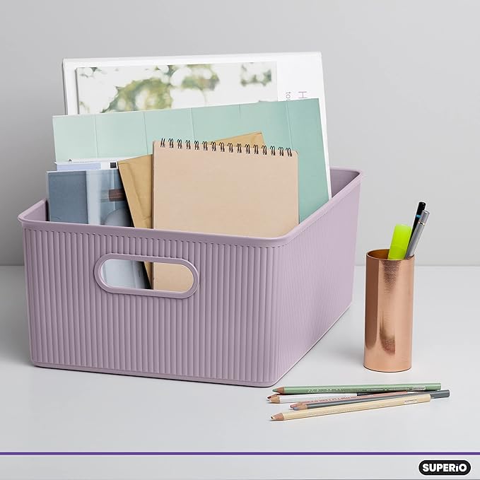 Superio Ribbed Collection - Decorative Plastic Basket Open Home Storage Bins Organizer, Large Lilac Purple (6 Pack) Container Boxes for Organizing Closet Storage Bins for Shelves 15 Liter/16 Quart