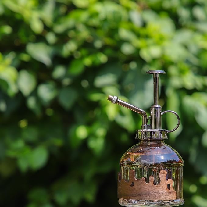 OFFIDIX Glass Plant Mister, 6.3 Inches Tall Vintage Style Spritzer Bronze Plastic Top Pump One Hand Watering Can Indoor Plant Spray Bottle for Garden, Plants, Cleaning (Morning Dew)