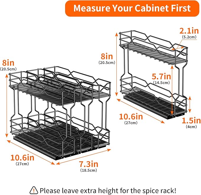 RCHYFEED Pull Out Spice Rack Organizer for Cabinet, Metal Heavy Duty Cabinet Spice Organizer, 2 Tier Slide Out Spice Racks, 7.3 W x10.5 D x8 H, 3 Individual Drawers(2.1" Wide), Jars Not Included