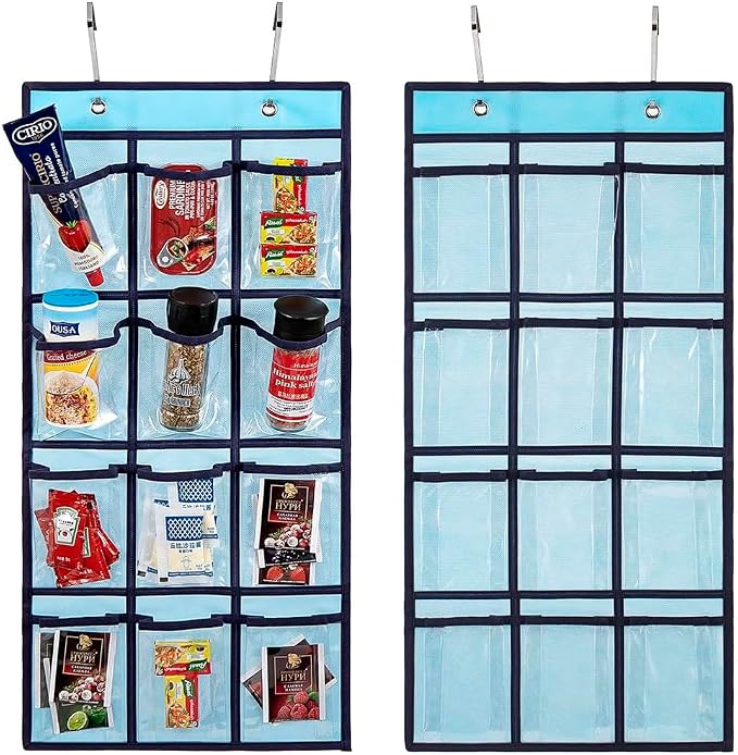 2 Pcs Classroom Pocket Chart Cell Phone Organizer Calculator Holder Over The Door Hanging Storage for Sock Underwear Jewelry with 12 Clear Pockets (Blue)