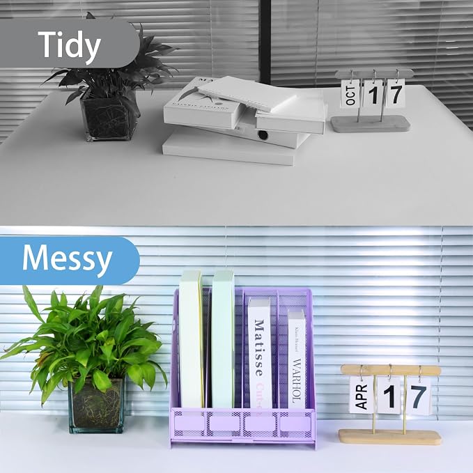 Desk Organizers Metal Magazine File Holder Racks Desktop Folder Storage Binder Organiser Document Organization for Home Office & Classroom,4 Vertical Compartments-Purple