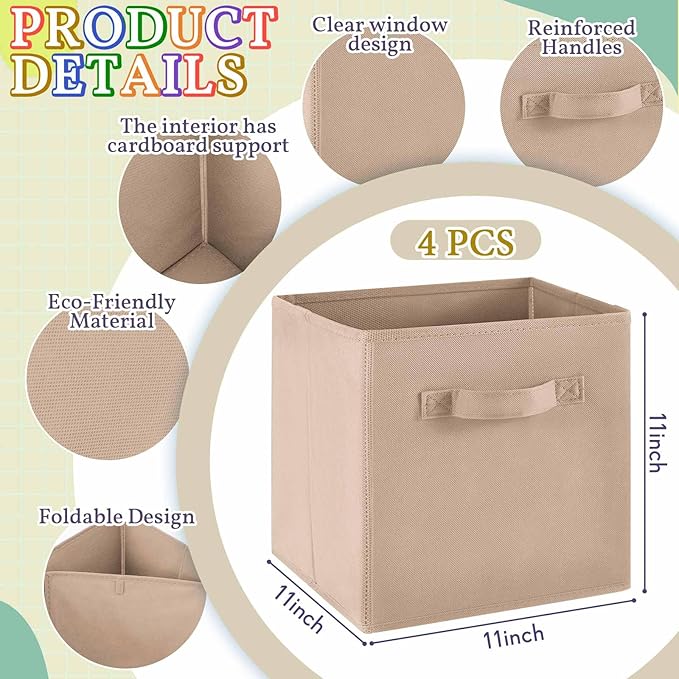 Yinder 4 Pcs Cube Storage Bin Brown 10.5''x10.5''x11'' Storage Bins for Playroom Decor Colorful Bins for Kids Foldable Baskets for Nursery Organizer Boxes Fabric Boxes