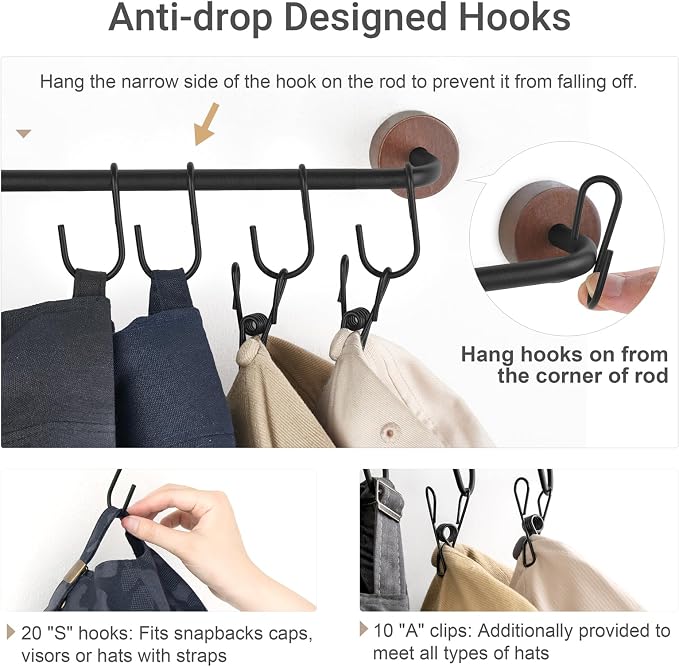 Mkono Hat Organizer, Metal Hat Rack for Wall Storage with 20 Hooks Set of 2 | Hanger for 20 Caps, Adjustable Hooks Design, Holder Baseball Caps Scarves Coats Belts, Closet Door Bedroom Entryroom Laundry