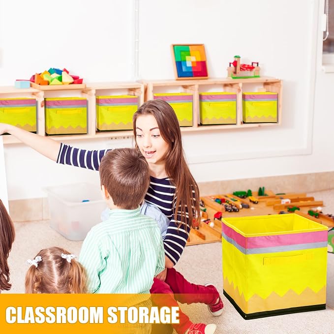 RattanView 6 Pcs 11in Pencil Fabric Storage Bins Classroom Must Have Cubby Basket Bins Return School Treasure Prize Box End of Year Organization for Daycare Elementary Preschool