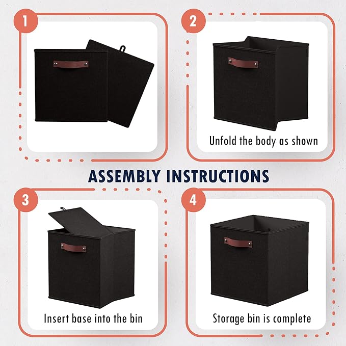 Ornavo Home 13x15x13 Foldable Fabric Storage Cube Bins, 6 Pack, Black | Collapsible Linen Shelf Basket Organizer; Leather Handles; Fits Cube Storage Shelving Units