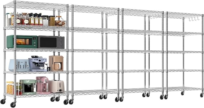24" Wx18 Dx75 H Chrome Storage Shelves with Wheels, 5 Tier Wire Shelving Adjustable Metal Shelving Pantry Shelves Capacity 1250LBS for Garage Shelving, Pantry, Kitchen, Closet,4PACK