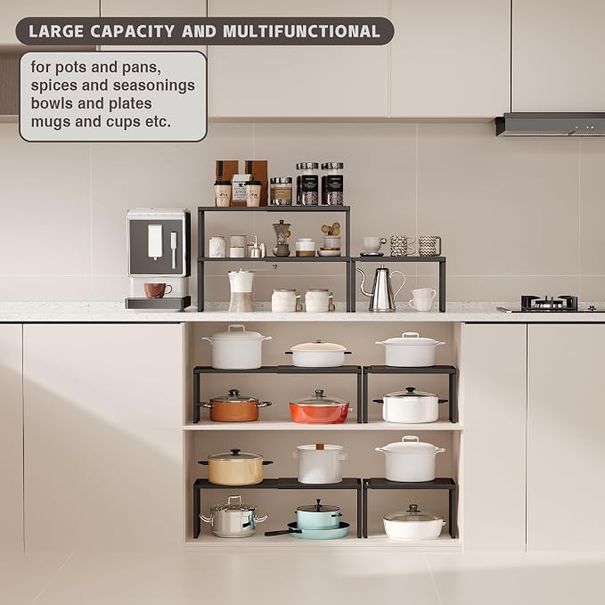 Magheo Expandable Kitchen Countertop Organizer, 1 Pack Stackable Cabinet Shelf Risers, Metal Spice Rack Heavy Duty Counter Organizer Storage for Kitchen, Pantry, Cupboard, Rv (8.7in Height,Black)
