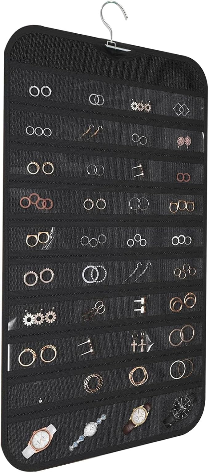 Hanging Jewelry Organizer, Black, 80 Pocket | Double-Sided, For Earrings Necklace Bracelet, Clear PVC Window, For Closet, Door, Wall, Travel