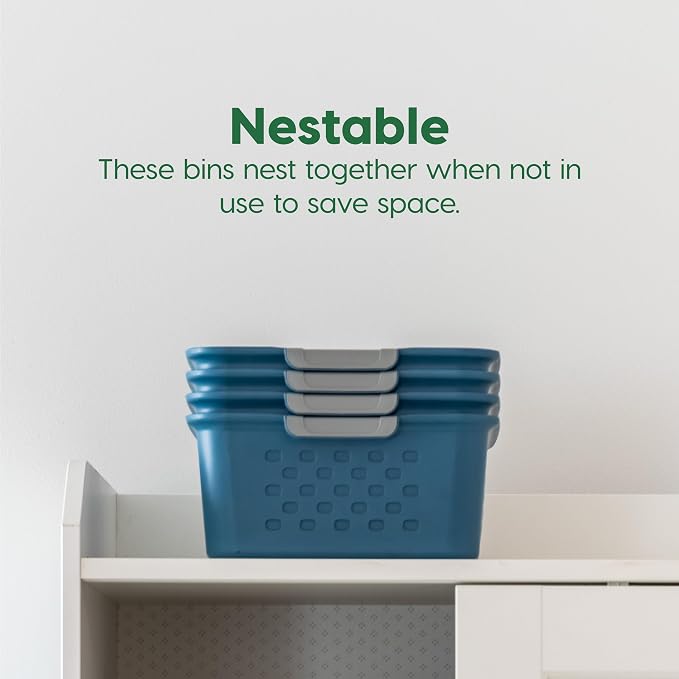 IRIS USA 6-Pack, Medium Plastic Storage Basket, Navy | Organize pantry items, office supplies, crafts, accessories, and household essentials with easy-carry storage for shelves