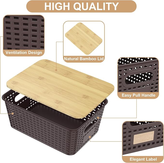 Viphope Stackable Storage Bins with Bamboo Lids set of 6,10x7.1x4.1in | small plastic organizer boxes,natural bamboo lids,saves space in pantry,office classroom storage,closet, desk, cabinet