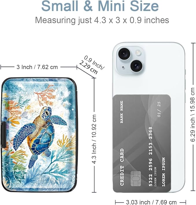 Coco Rossi Credit Card Holder RFID Aluminum Small Mini Wallet Women | Metal Wallet, Business Cards Holder, ID Case, Slim Sleeves, Womens Girls Gift, Carry Proof Wallets for Travel, Sea Turtle