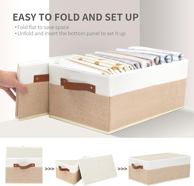 Closet Organizer Bins 3 Pack, Large Storage Bins for Shelves, Foldable Closet Storage Boxes Baskets with Leather Handles for Organizing Clothes, Sheets, Jeans, Toys, Books（Begie）