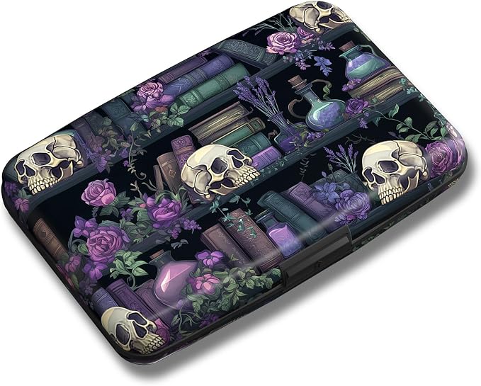 Maicican Credit Card Holder, Mini RFID Blocking Aluminum Wallet | Slim Metal Hard Case Travel Wallet ID Case for Women and Men, 4.3 x 2.9 Inches, Purple Flowers and Skulls