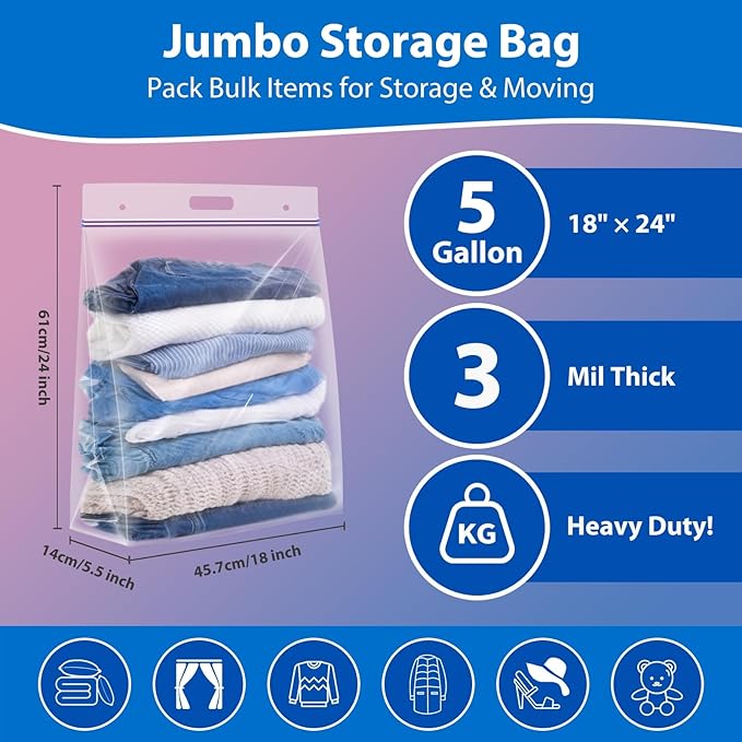 5 Gallon Zipper Bags with Handle and Bottom, Pack of 12, Heavy Duty Clear Handy Plastic Storage Bag, 18"x24" Reusable Large Zip Storage Bag for Sports, Travel, Moving and Clothes, 3-Mil Thick
