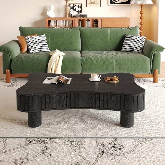 Lift Top Coffee Table with Hidden Storage Fluted Panel Silent Hydraulic Lift Curved Corners (Black)