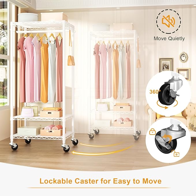FUTASSI Rolling Clothes Rack, Clothing Racks for Hanging Clothes, White | P6 Mini Heavy Duty Garment Rack with Wheels, Freestanding Portable Closet Rack with Shelves, 23.6 In Wide, Max Load 360 LBS