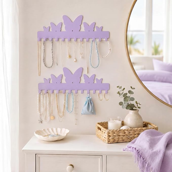 Hicarer 2 Pack Purple Butterfly Necklace Holder Wall Mount with 24 Hooks Adhesive Metal Jewelry Organizer Gifts for Women Back to School Dorm Room Storage for Bracelets Necklace Keys