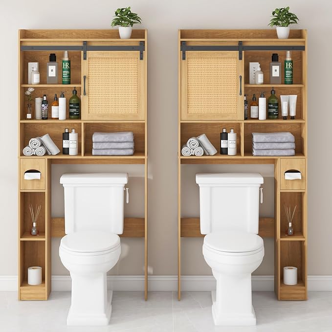 Vabches Over The Toilet Storage Cabinet with Sliding Barn Door. Rattan Oak | Farmhouse Storage Cabinet with Toilet Paper Holder Stand, Home Space-Saving Toilet Rack, for Bathroom, Restroom, Laundry