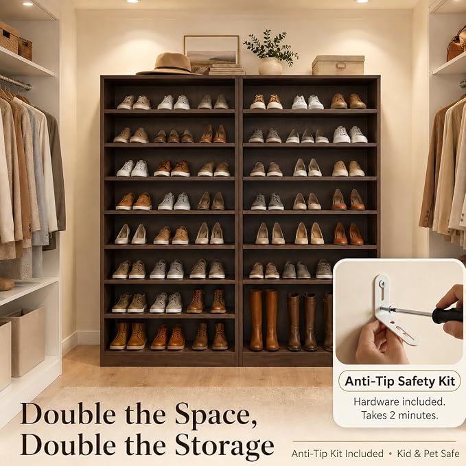 Homieasy 9-Tier Tall Shoe Rack Cabinet for Closet & Entryway, Walnut | Wooden Narrow Shoe Organizer Cabinet with Adjustable Shelves, Freestanding, for Bedroom, Hallway