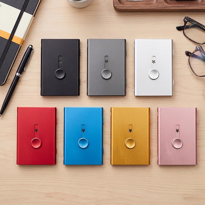 Tatuo 7 Pcs Multicolor Thumb Drive Business Card Holder Stainless Steel Business Name Card Case Portable Slide out Name Holder Wallet Nice Design Pocket for Men and Women