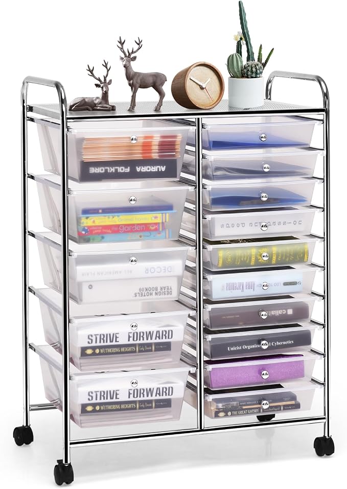 DREAMADE Rolling Cart with 15 Drawers, Clear Plastic Drawer Organizer w/Lockable Wheels, Removable & 2-Sized Storage Drawers, Art Cart for School Home Art Supplies Crafts File Scrapbook (Transparent)