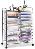DREAMADE Rolling Cart with 15 Drawers, Clear Plastic Drawer Organizer w/Lockable Wheels, Removable & 2-Sized Storage Drawers, Art Cart for School Home Art Supplies Crafts File Scrapbook (Transparent)