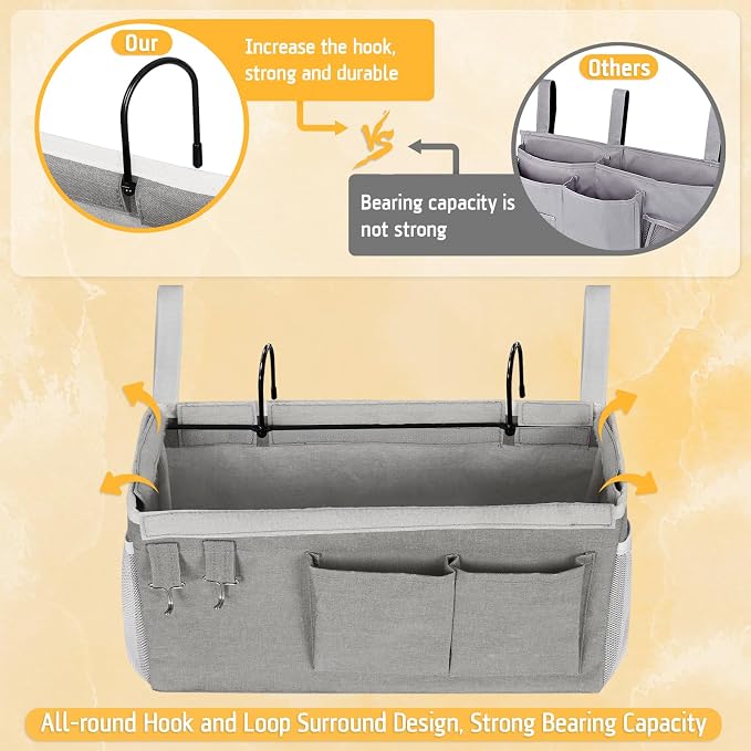 Lilithye Bedside Caddy Bedside Organizer Bedside Storage Caddy with Fixed Straps and Water Bottle Holder for Home College Dorm Bunk Bed Hospital Bed Crib Bed Rails (New Grey)