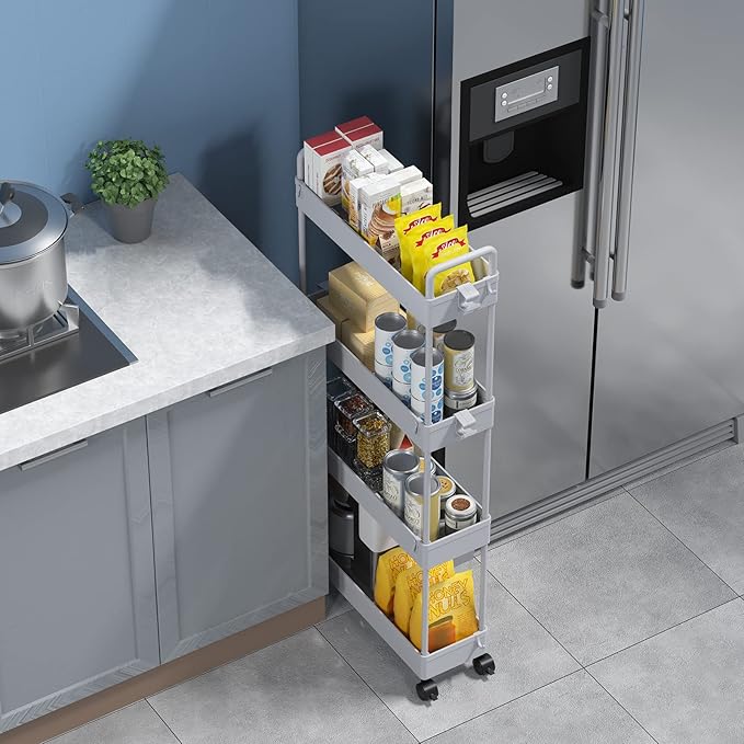 SOLEJAZZ Slim Rolling Storage Cart Skinny Bathroom Organizer, 4 Tier, Gray | Thin utility cart with wheels for bathroom, laundry room, bedside, kitchen, dorm, office, next to fridge, small narrow places