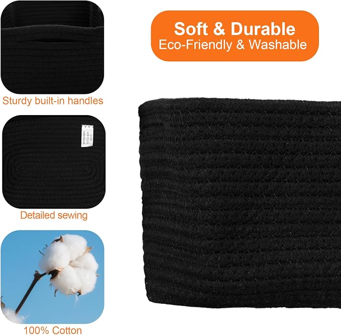 Small Storage Baskets for Organizing, Woven Storage Bins for Shelves, Gift Basket Empty, Baby Rope Basket, Dog Toy Storage, Decorative Closet Organizer, 11x7.5x4.5”, 3Packs Black