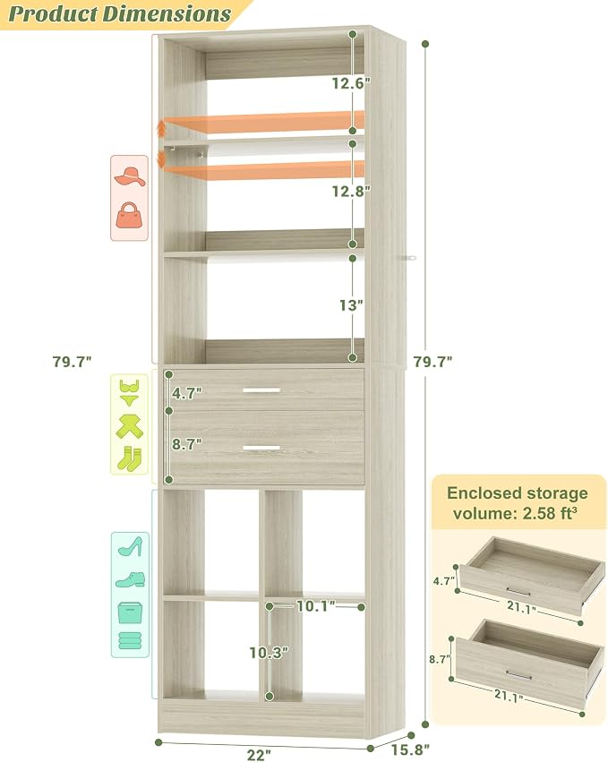 Besiost 22" Closet System with Drawers, Small Closet Organizer for Walk in Closet, Bedroom & Nursery, Wardrobe Storage Unit with Storage and Shelves, Enclosed Storage Volume 2.58 ft³, Greige Oak
