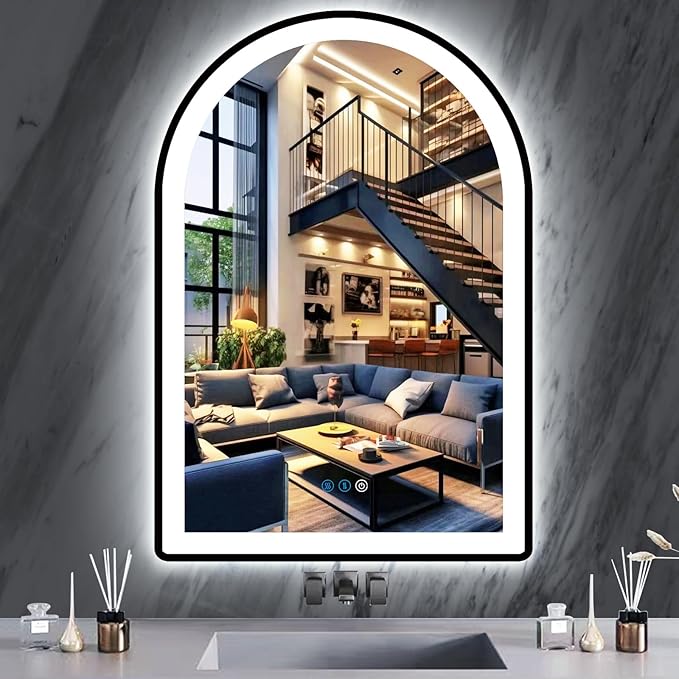 THEKLA 32 x 24 Inch Black Arch Vanity Mirror with Light Black Frame LED Arched Lighted Mirror for Bathroom Wall Mount 3 Color Adjustable Memory Frontlight 32in Black Framed Arch Smart Light up Mirrors