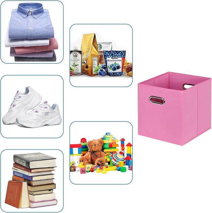 Fabric Cubby Storage Bins,13x13x13 Inches,Cube Organizer Bin Foldable Storage Boxes with Dual Handles Fabric Organizer Box and collapsible Storage basket,Set of 8,Pink