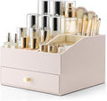 VLANDO Makeup Organizer,Vanity Organizer with Drawers, PU Leather Skincare Organizer Perfume Organizer,Large Cosmetic Display Case for Lipstick,Brushes Gifts for Women-Apricot White