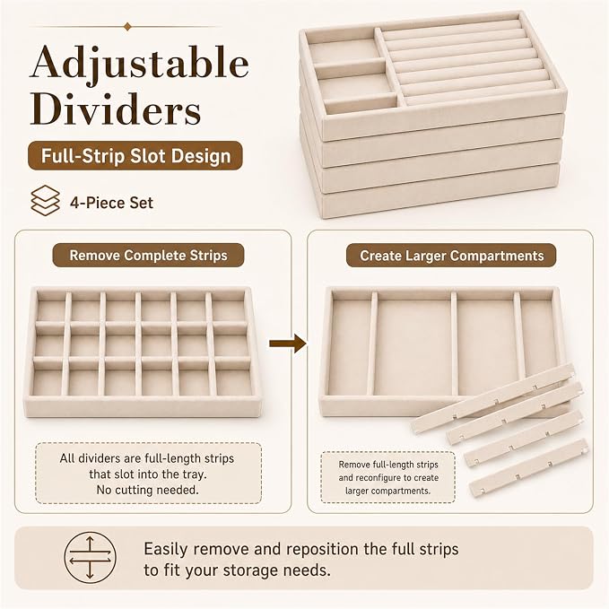 4 Pack Stackable Jewelry Organizer Tray Set - Velvet Display Case | for Rings Earrings Necklaces, for Drawer Organization, Can Stacked