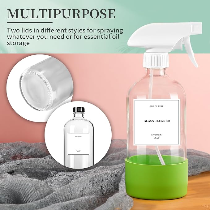 GIVAMEIHF 4 Pack Glass Spray Bottles with Silicone Sleeve,16oz Clear Glass Spray Bottles Refillable Empty Bottle with Adjustable Nozzle,Spray Bottle for Cleaning Solutions,Essential Oils,Pets,Hair