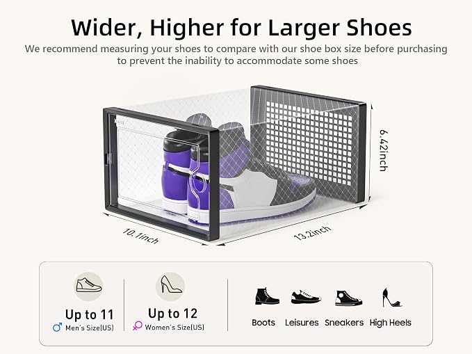 Kuject X-Large Shoe Storage Boxes Organizers Clear Plastic Stackable 12 Pack, Shoe Rack & Holder Substitute, Sneaker Containers, Toy Storage Organizer Bins for Entryway, Closet, Under Bed, Black