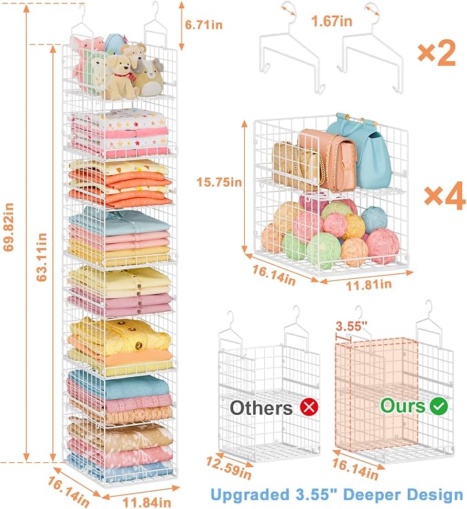 8-Tier Extended Depth Hanging Closet Organizers and Storage for Closet System, Stackable Closet Shelves with 4 Adjustable Dividers for Clothes Sweaters Purses, Wire Hanging Basket Fits Closet Laundry