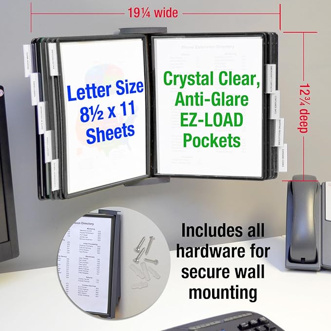 Ultimate Office AdjustaView FastFind 10-Pocket Wall Mounted Reference Display Organizer with All Black EZ Load Pockets to Display 20 Sheets of Your Most Important Letter Sized Documents