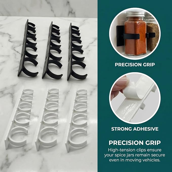 Adhesive Spice Clips 6-Pack, Heavy-Duty Spice Organizer for Cabinet Doors, Pantry & RV, Space-Saving Kitchen Storage with Tape, Holds 30 Jars (Black+White) ﻿