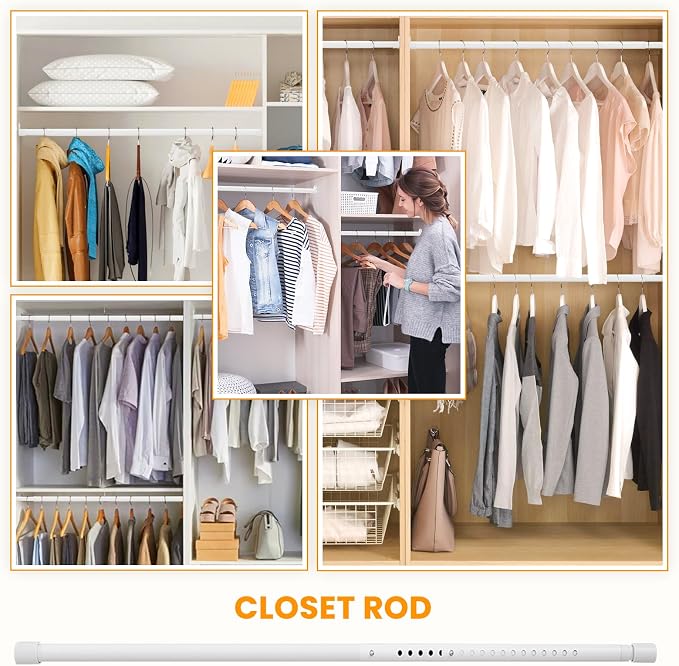 Oval Closet Rod for Hanging Clothes 18 to 40 Inch Adjustable Closet Rods 1 inch Diameter With End Supports White Poles Bar Closet Rod Expandable for Wardrobes