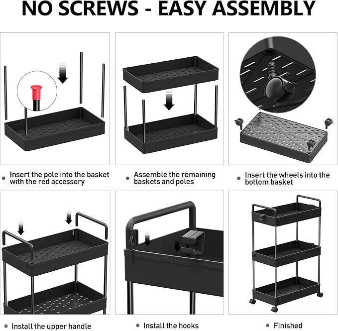 SOLEJAZZ 3 Tier Slim Rolling Storage Cart Organizer with Wheels, Black | Utility cart for bathroom, laundry, bedside, dorm&narrow spaces. Fits craft, nail, makeup, snack, art, diaper&baby essentials