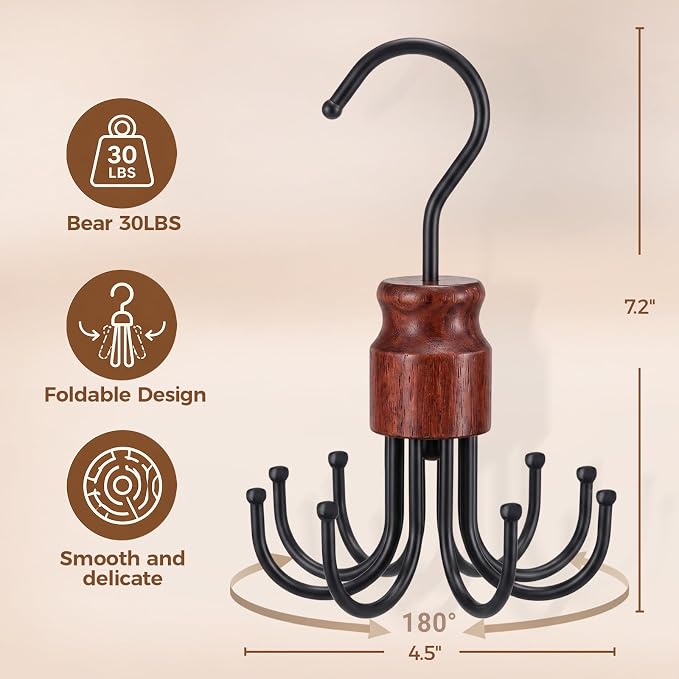 Bra Hanger for Closet Organizer, Space Saving Wooden Tank Top Hangers with 8 Foldable Hooks & Holds 24 Items, 360° Rotating Storage for Bras, Scarves, Belts, Ties and More