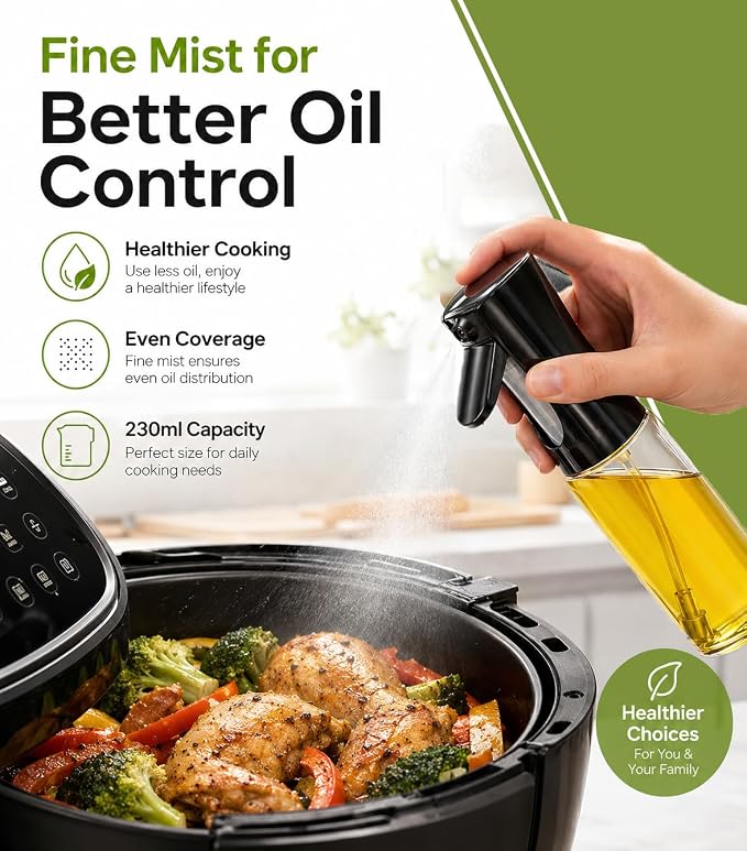 Oil Sprayer for Cooking 230ml Glass Olive Oil Spray Bottle, Refillable Oil Sprayer for Air Fryer, Salad, Baking & BBQ, Kitchen Gadget (Black Lid)