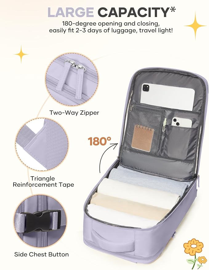 Carry On Backpack Personal Item Travel Backpack For Women Airline/Flight Approved Waterproof Sports Luggage Casual Daypack Small Hiking Backpack Purple