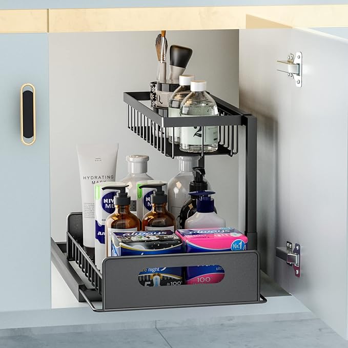 Under Sink Organizer - 2 Tier Under Kitchen Sink Organizers and Storage Bathroom Under Cabinet Organizer Pull Out Cabinet Organizer, Multi-Use Slide Out Sink Shelf for Kitchen Bathroom